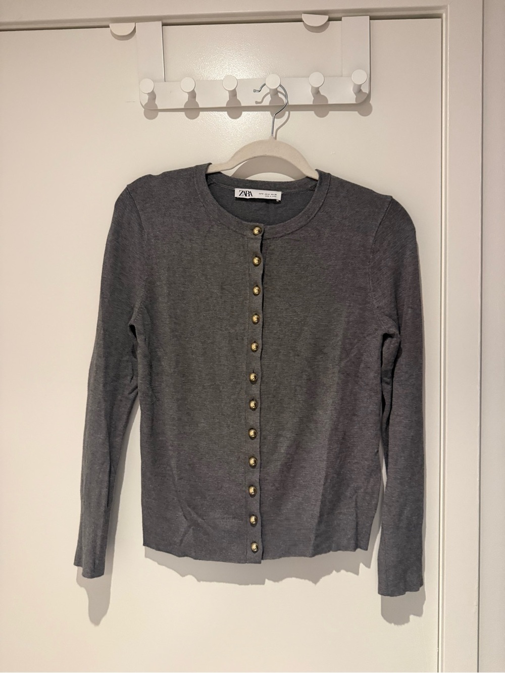 Zara Gray Button-Front Crewneck Cardigan with Gold Buttons